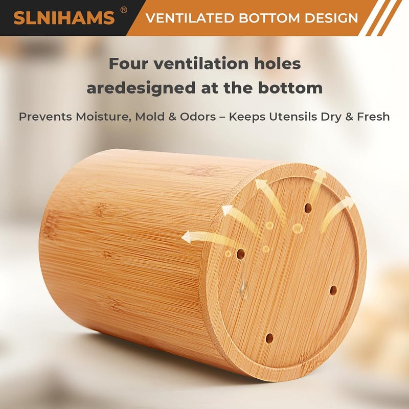 SLNIHAMS Bamboo Utensil Holder, 7.3"+5.4" Set of 2 Utensil Holders for Kitchen Counter, Bamboo Spoon and Chopstick Organizer, Flatware, Spatula & Silverware Storage Containers, for Countertop & Pantry - Image 3